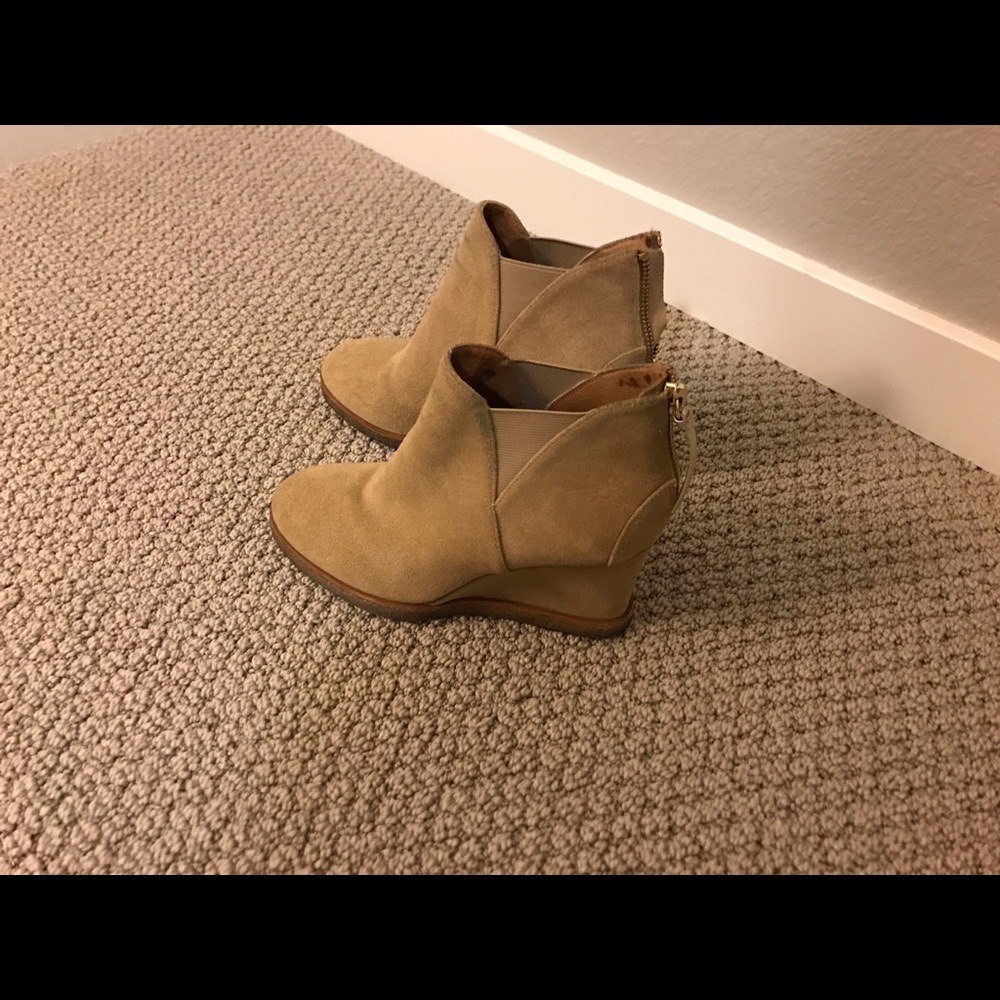 Tan wedge booties with zipper