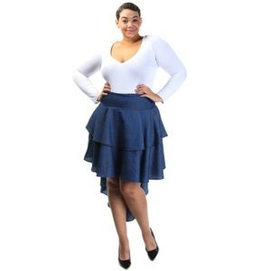 Plus Size Ruffle Tier High Low Denim Skirt