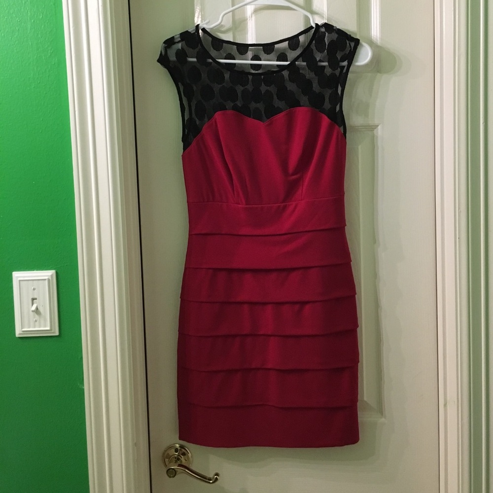 Red sweetheart dress with polka dot lace