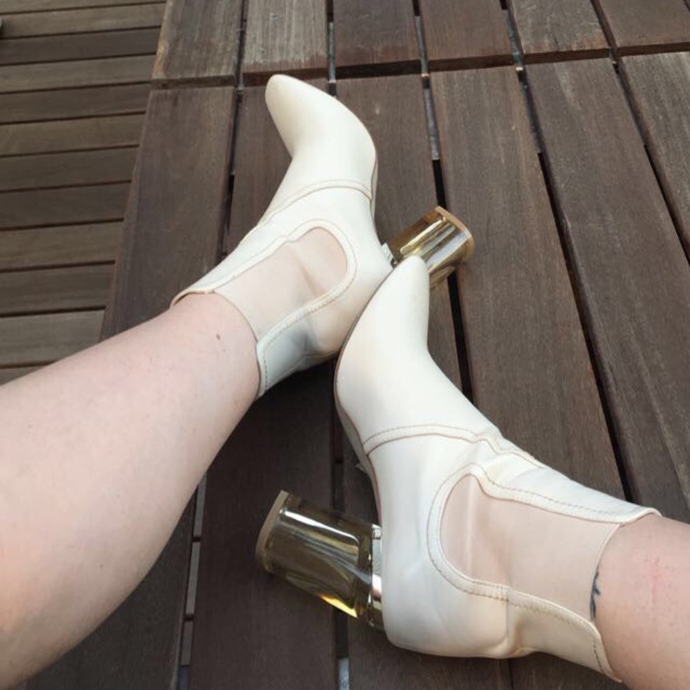 Cream bootie  with clear block heel