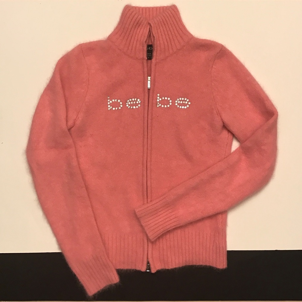 BEBE Pink Angora Rhinestone Embellished Sweater