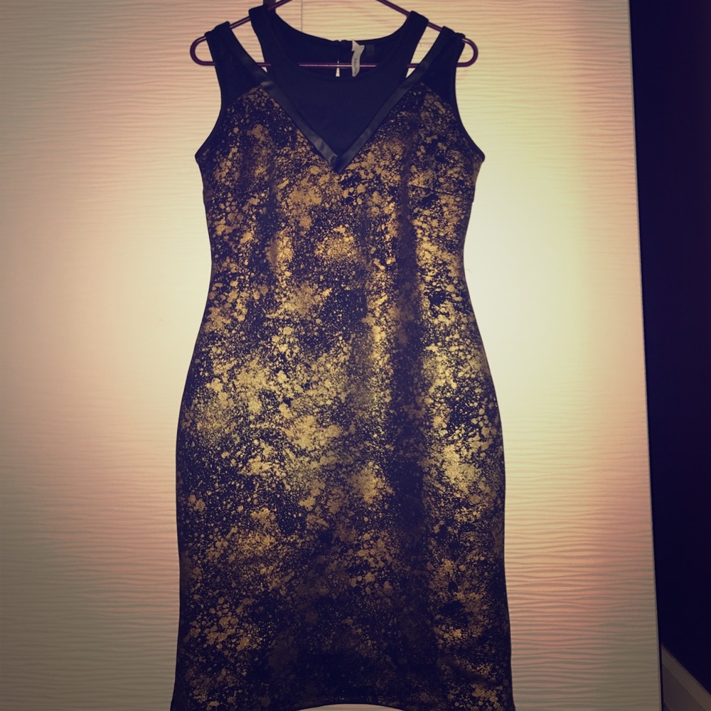 NYC foiled faux-leather trimmed sheath dress Small