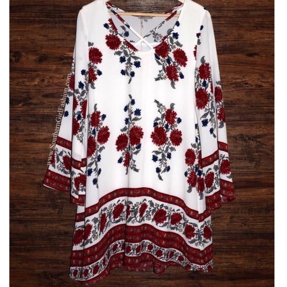 FLORAL DRESS Printed Bohemian Bell Sleeve Swingy - Picture 2 of 2