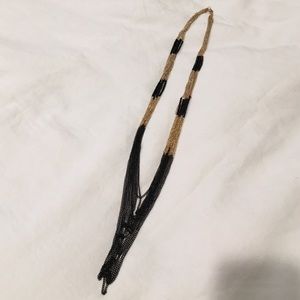 Black bead and gold chain long necklace