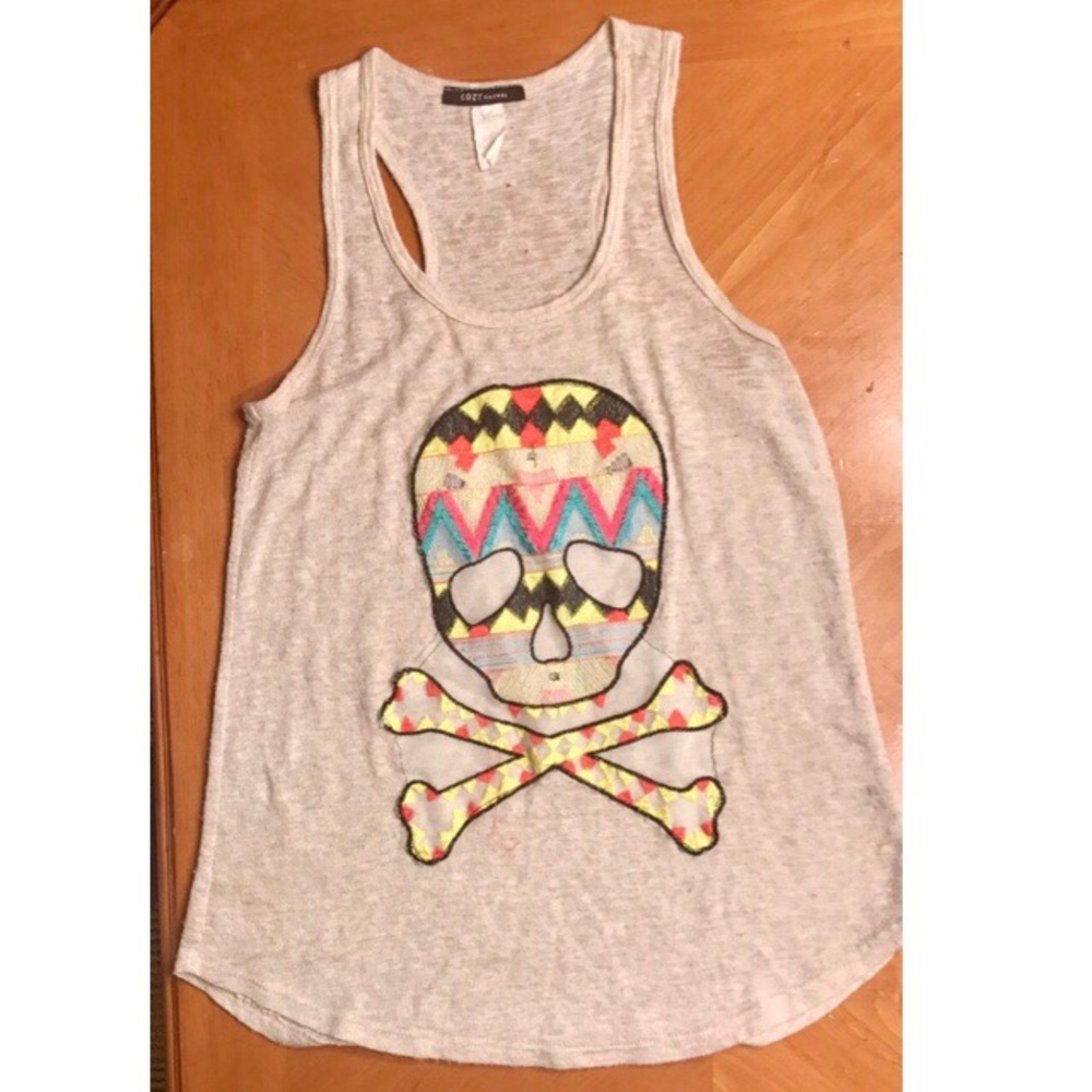 🌸 Neon Colorful Aztec Skull Beige Tank