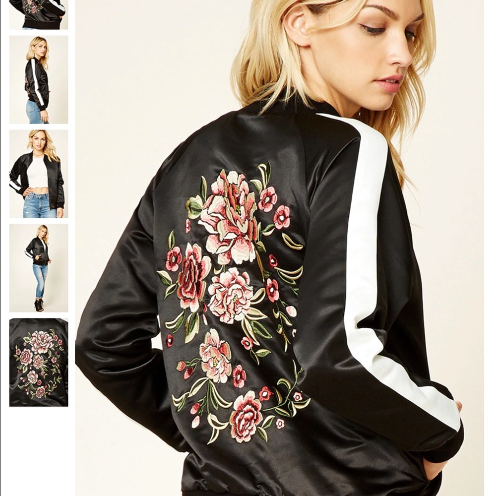 NWT Forever 21 Embroidered Satin Bomber Jacket