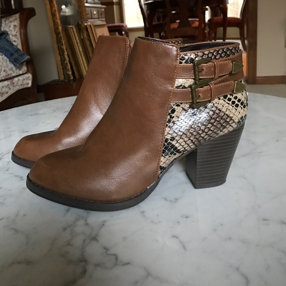 Brown snakeskin booties