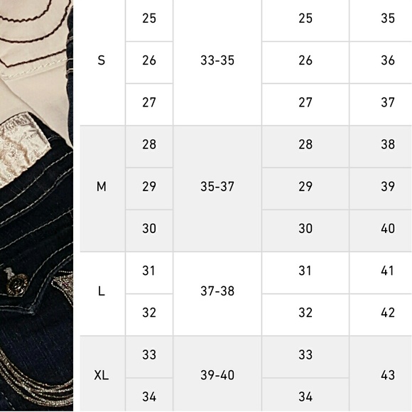 TRUE RELIGION JEANS SIZE CHART - Picture 2 of 2
