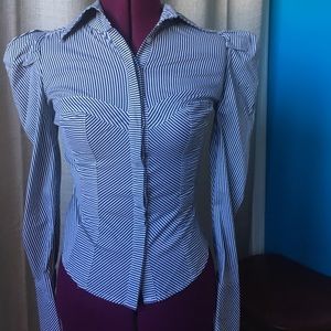 Bebe XS striped navy and white button up