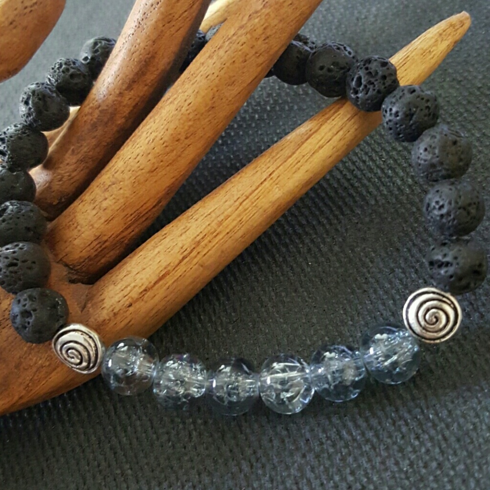 Cracked quartz black lava stone spiral bracelet