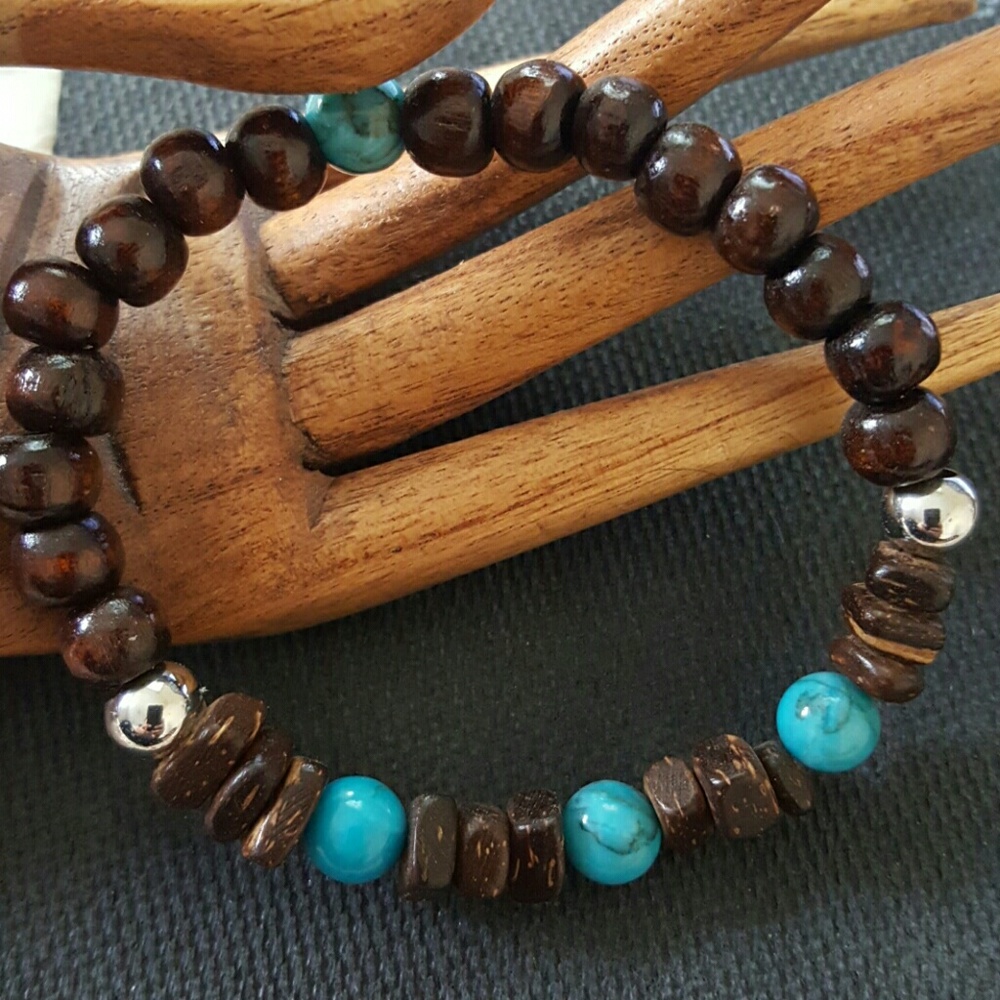 Turquoise wood silver beaded stretch bracelet