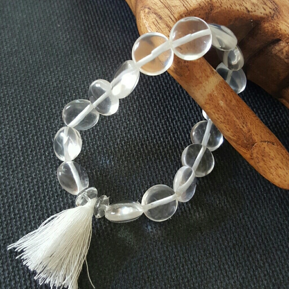 Crystal disk white organic tassel beaded bracelet