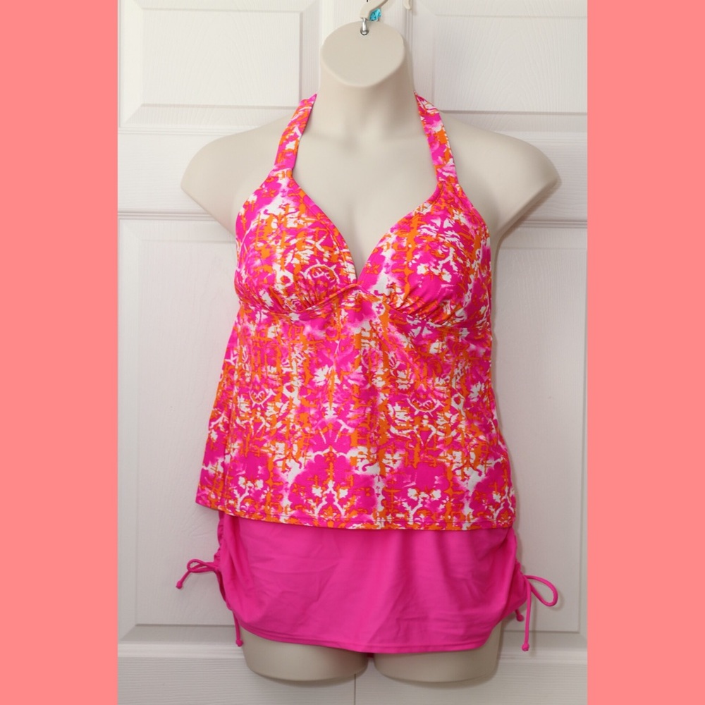 🆕 Pink & Orange Halter Tankini Swimsuit - Jrs 1X