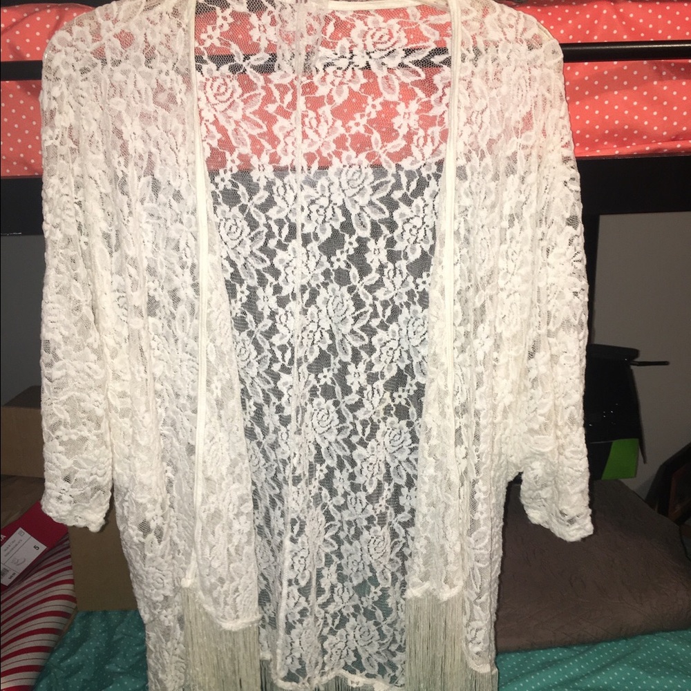 White lace kimono with fringe detail at bottom!