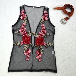 ROSE EMBROIDERED BLACK MESH VEST