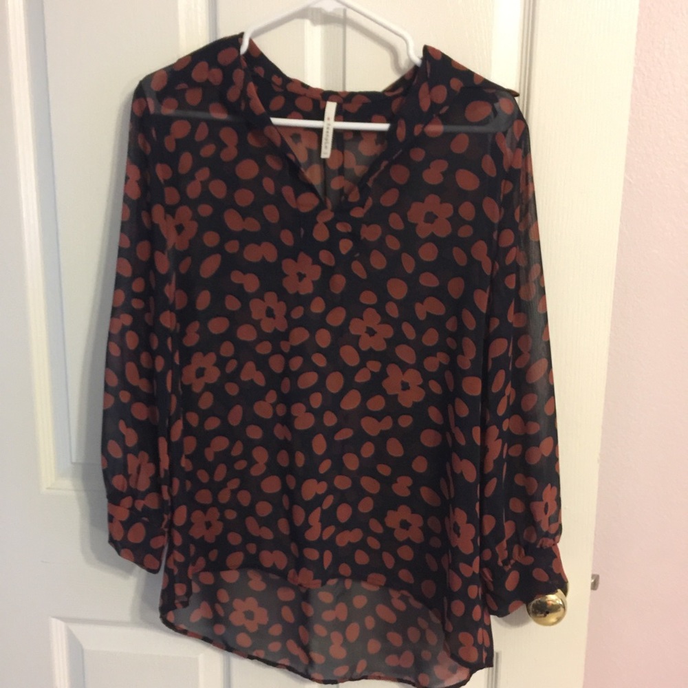 Navy Blue blouse with dark orange flowers