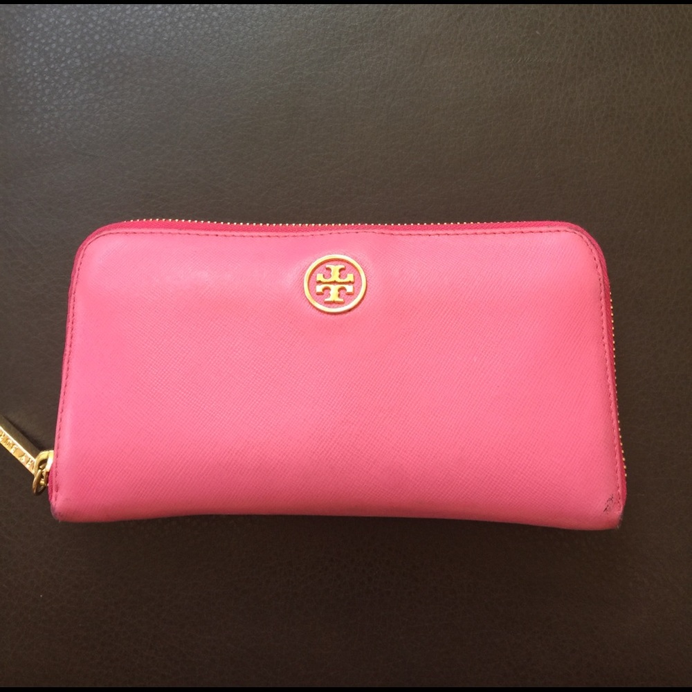 Pink and gold Tory burch zip around wallet