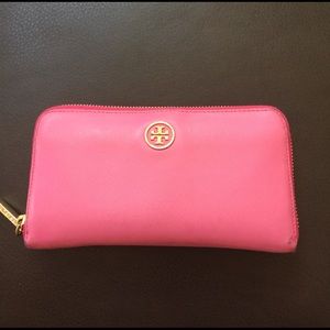 Pink and gold Tory burch zip around wallet