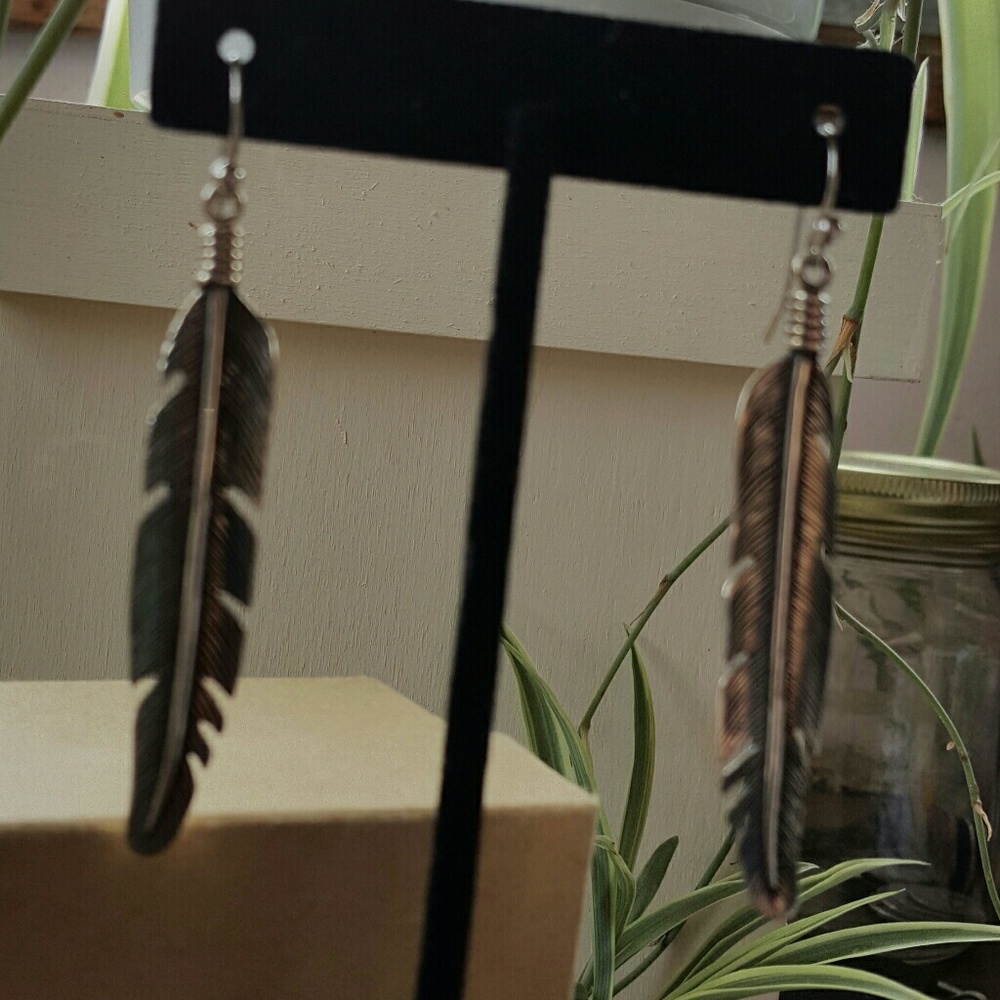 Antiqued sterling silver feather earrings