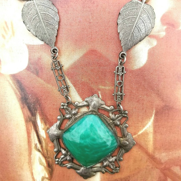 VINTAGE Peking Green Czech Glass Deco Necklace - Picture 3 of 7
