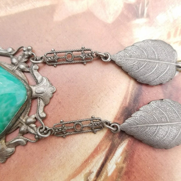 VINTAGE Peking Green Czech Glass Deco Necklace - Picture 5 of 7