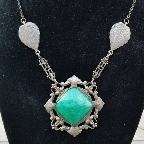 VINTAGE Peking Green Czech Glass Deco Necklace - Picture 6 of 7