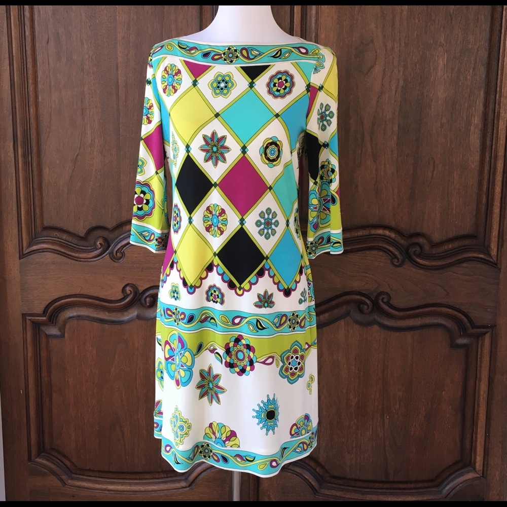 Donna Morgan Print Shift Boat Neck Dress Size 8
