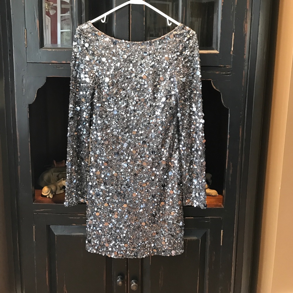 Silver sequined long sleeve cocktail dress