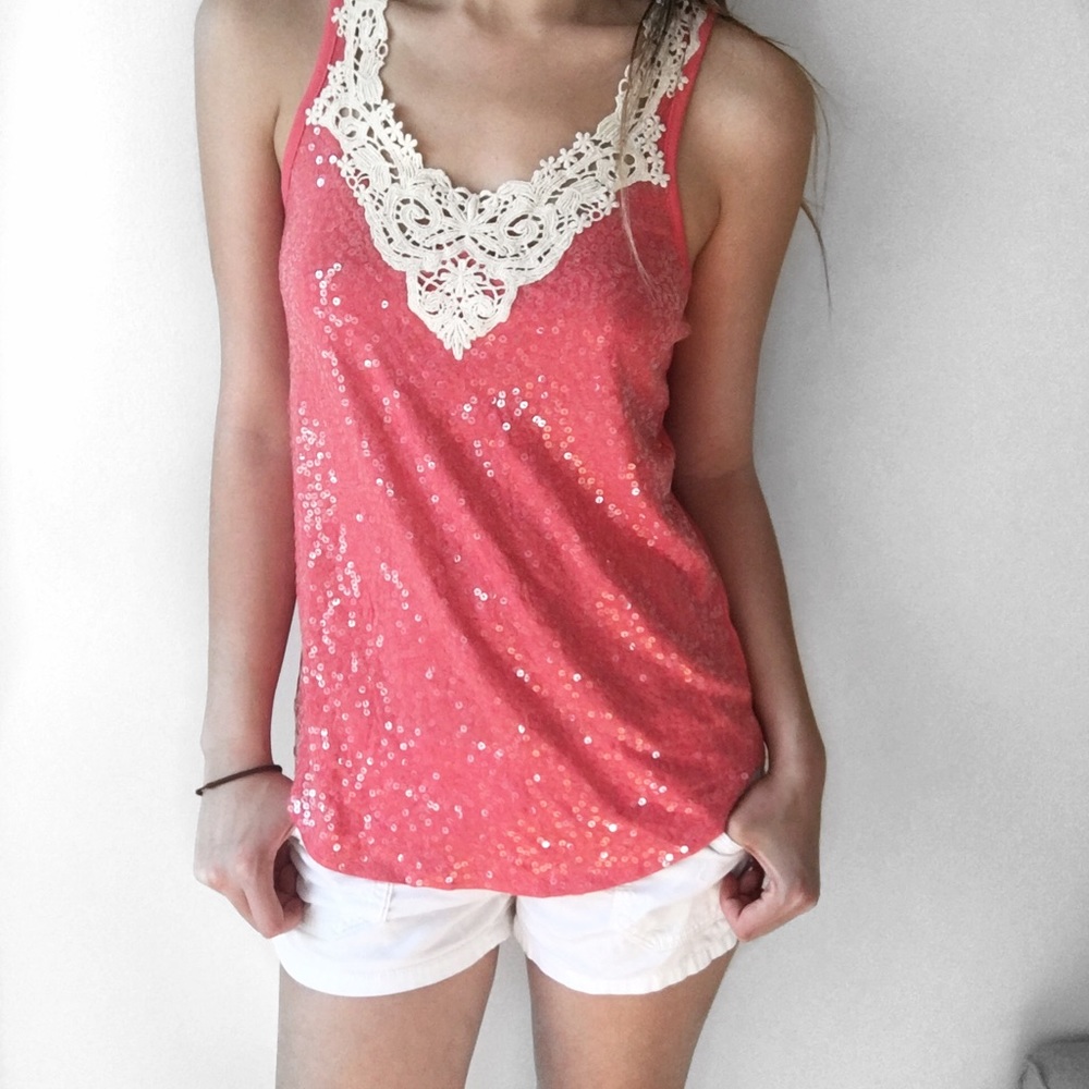 Express coral sequin tabk size xsmall NWT