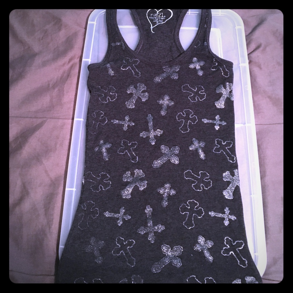 Dark grey tank top with glitter crosses