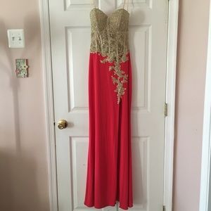 Hot coral/gold prom dress