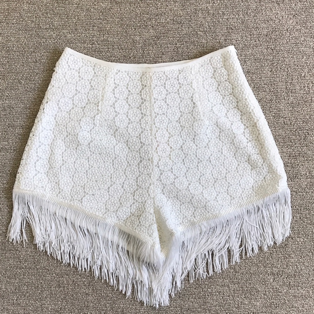 White lace fringe shorts