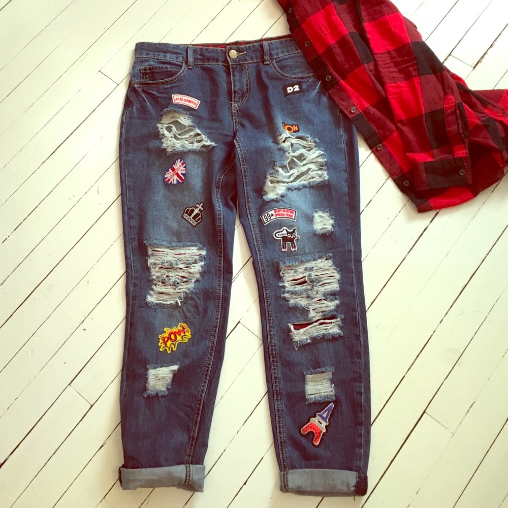 New! Distressed patched boyfriend Jean sz. 7/8