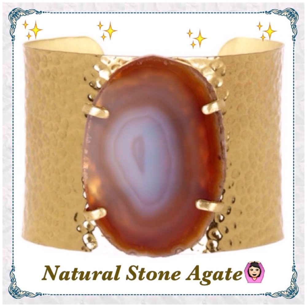 ✨Natural Stone Agate Gold Hammered Cuff Bracelet