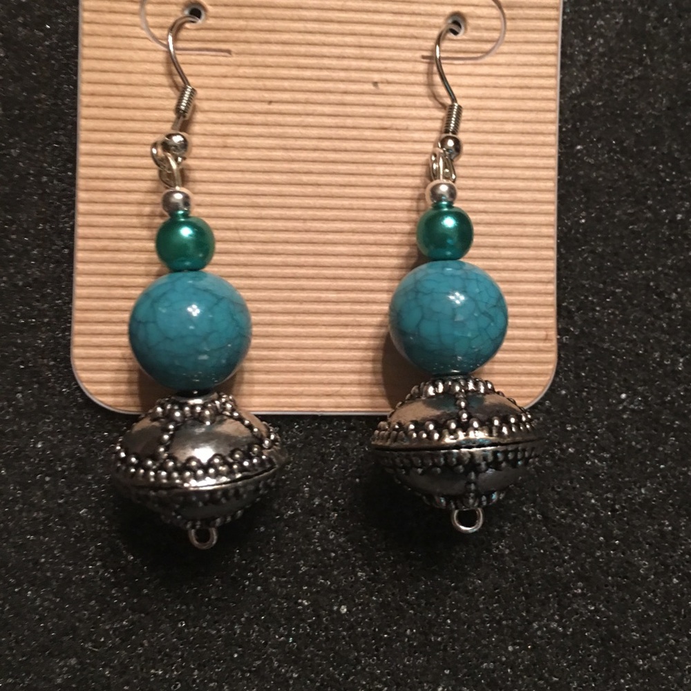 Turquoise balls & silver castle ball earrings New