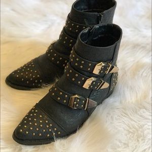 Black ankle booties w/ gold studs and buckles