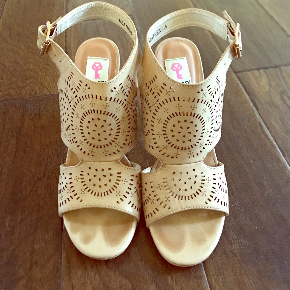 Tan sling back chunky heel sandals