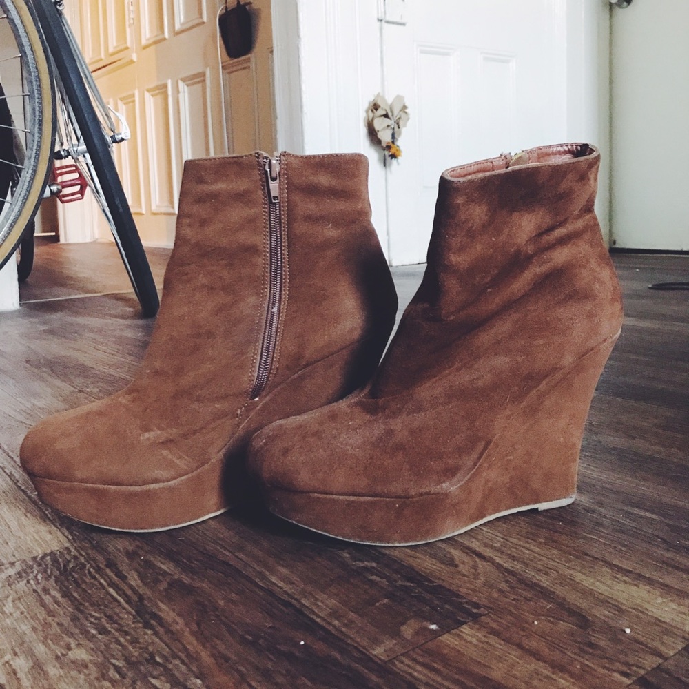 Bamboo tan suede wedge heels, size 8.5