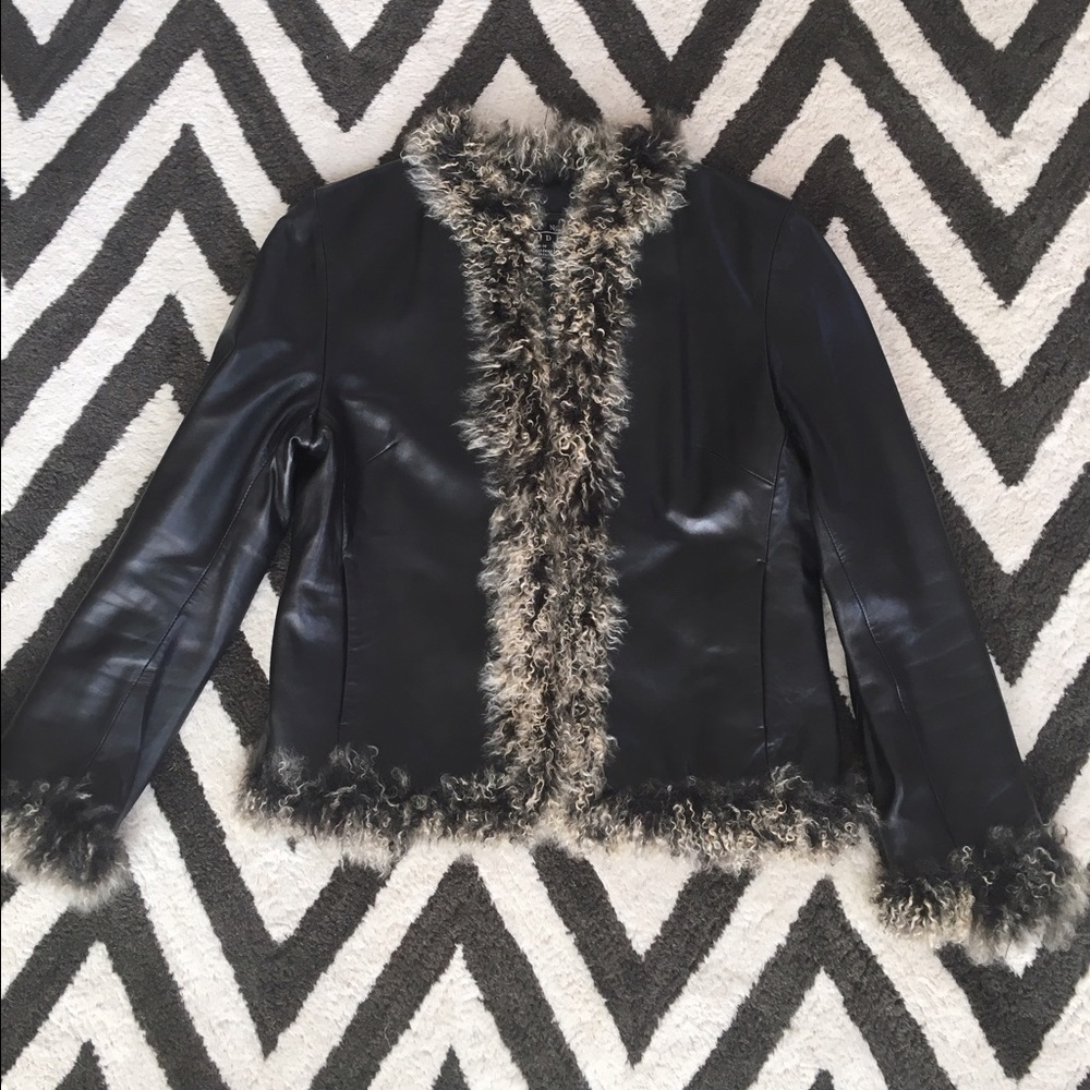 Black Leather Jacket with fur trim