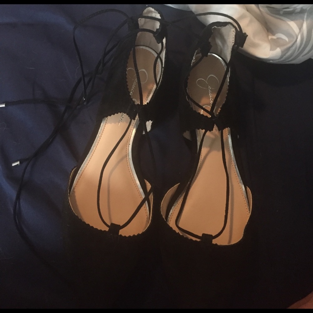 Black suede tie up flats