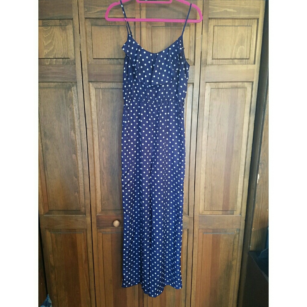Navy blue polka dotted pants romper