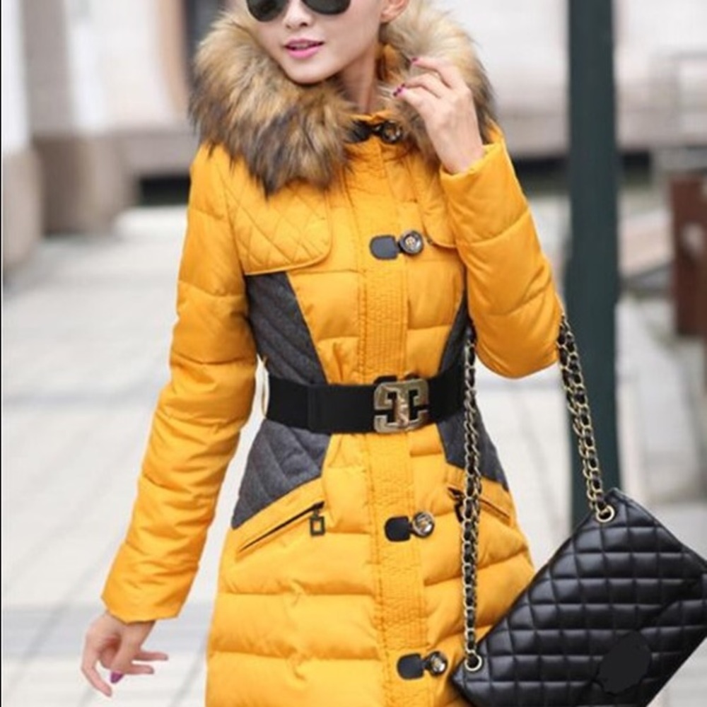 Gold belted puffy coat with fur hood