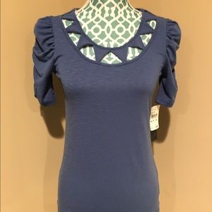 Lush blue top with ruched sleeves