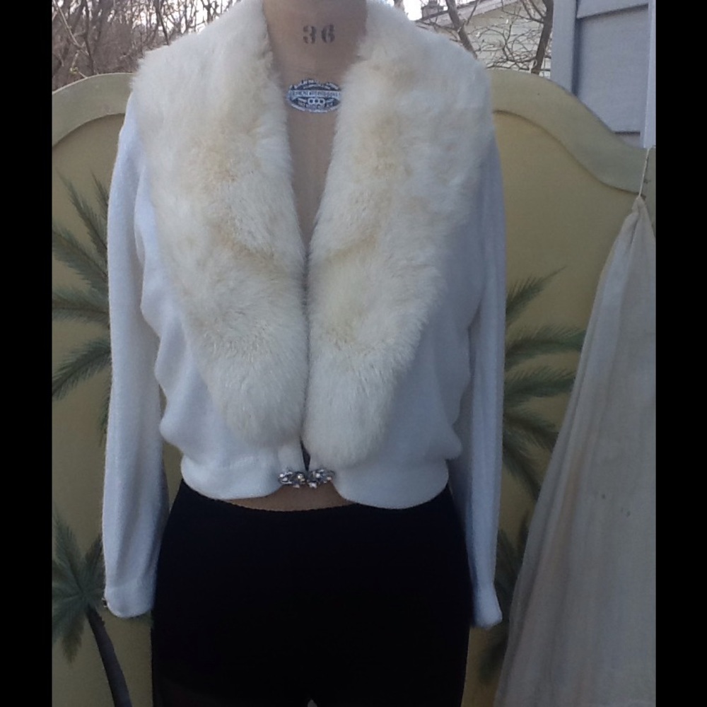 Vtg 50s Shrug Sweater W/ Real Fur Collar