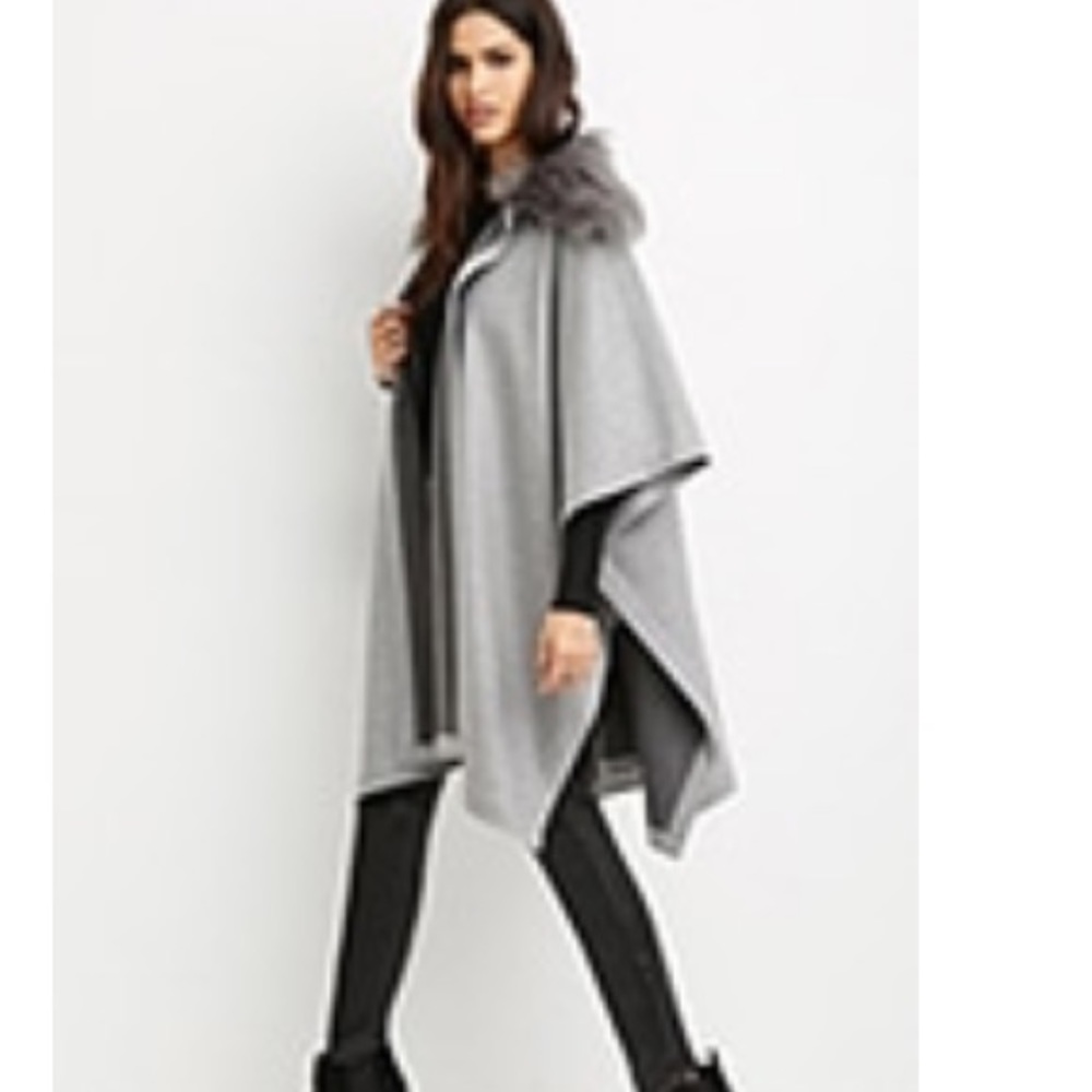 Faux fur collar poncho