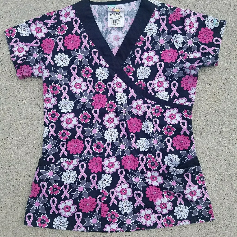 Mock wrap breast cancer floral scrub top