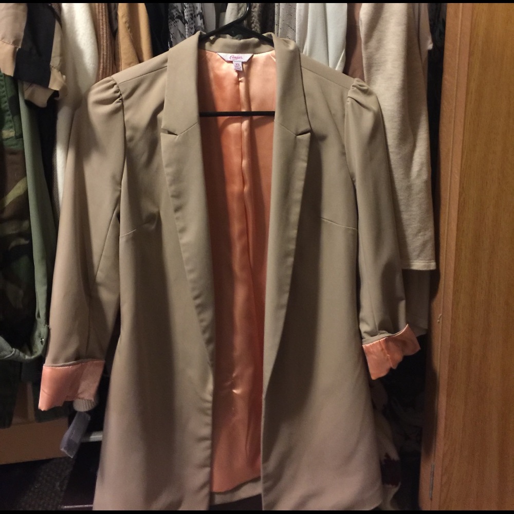 Tan blazer with satin peach lining