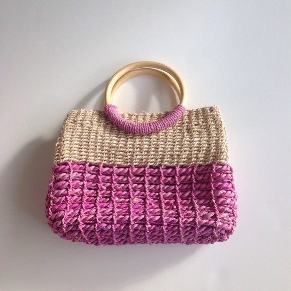 Purple and Cream Straw Bag with Wooden Handles - Picture 1 of 4
