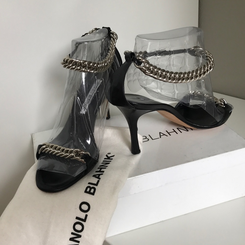 Black Manolo Blahnik heels w metal ankle chain