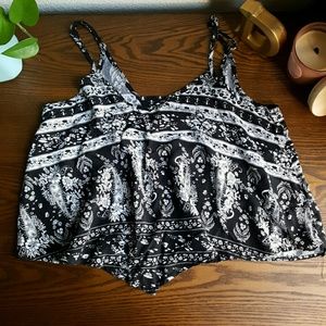 Black and white patterned crop tank.